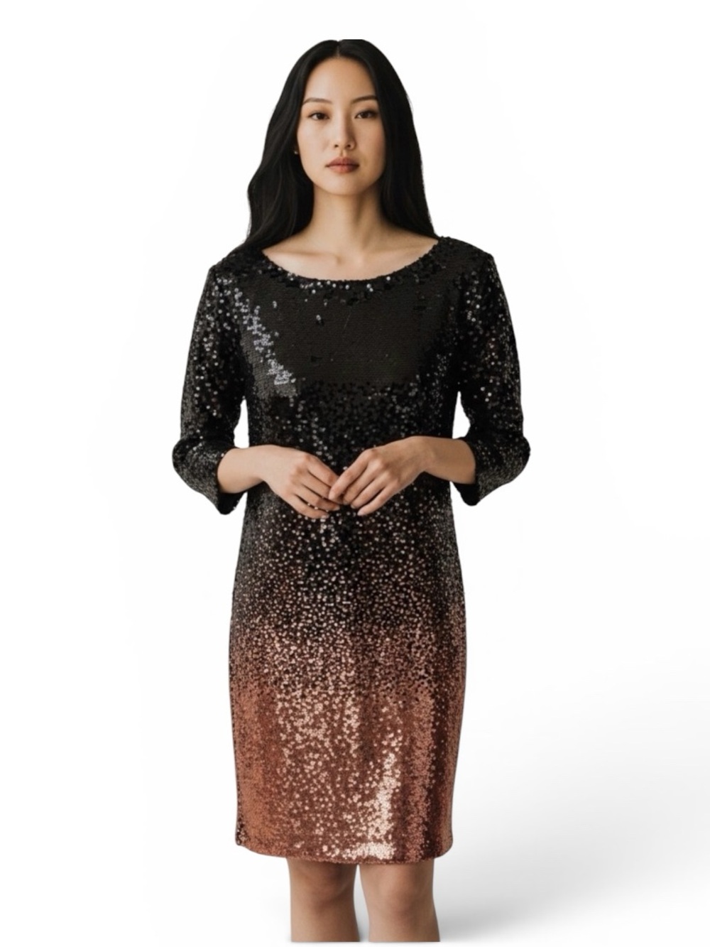 BB Dakota Black & Rose Gold Sequin 3/4 Sleeve Mini Dress, Women’s Medium